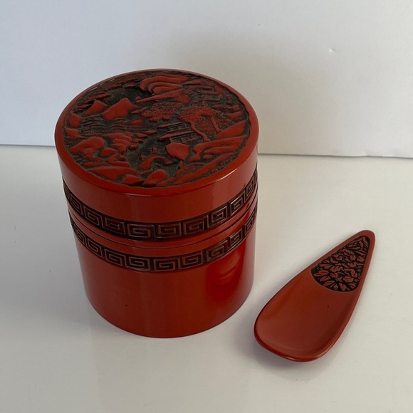 Other - Vintage Chinese Cinnabar Lacquer Tea Caddy Jar with Spoon Red Carved Lid